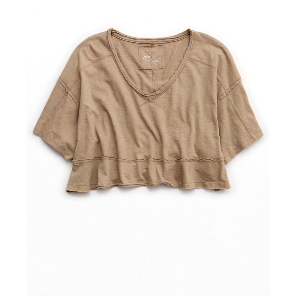 NEW Aerie womens XS S M L Happiest Cropped V Neck T-Shirt top tan toasted almond
